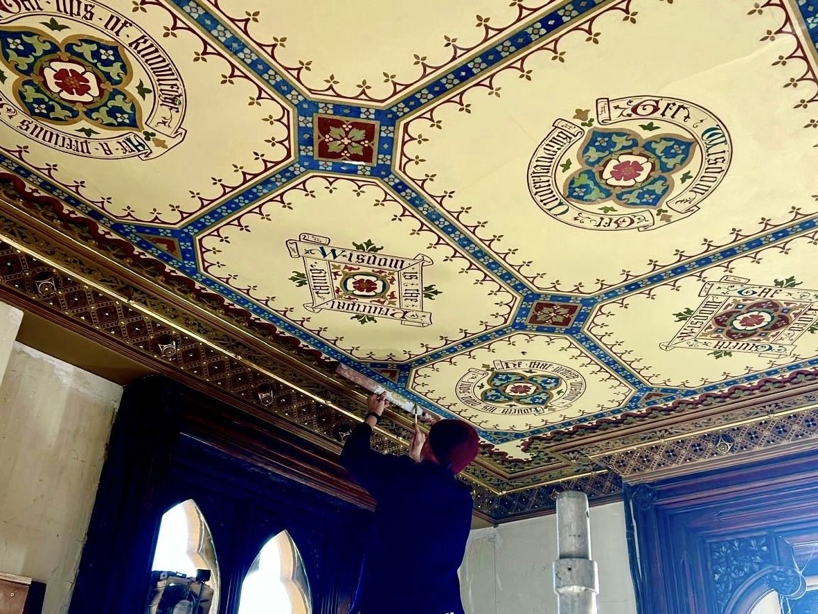 Restoration to lost sections of an historic ceiling due to flood damage