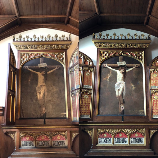 Before and after cleaning of a reredos